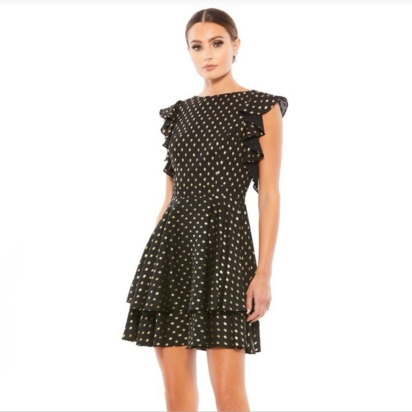 NWT IEENA for Mac Duggal Black & Gold Dot Tiered Ruffle Dress - 12 - Picture 6 of 16